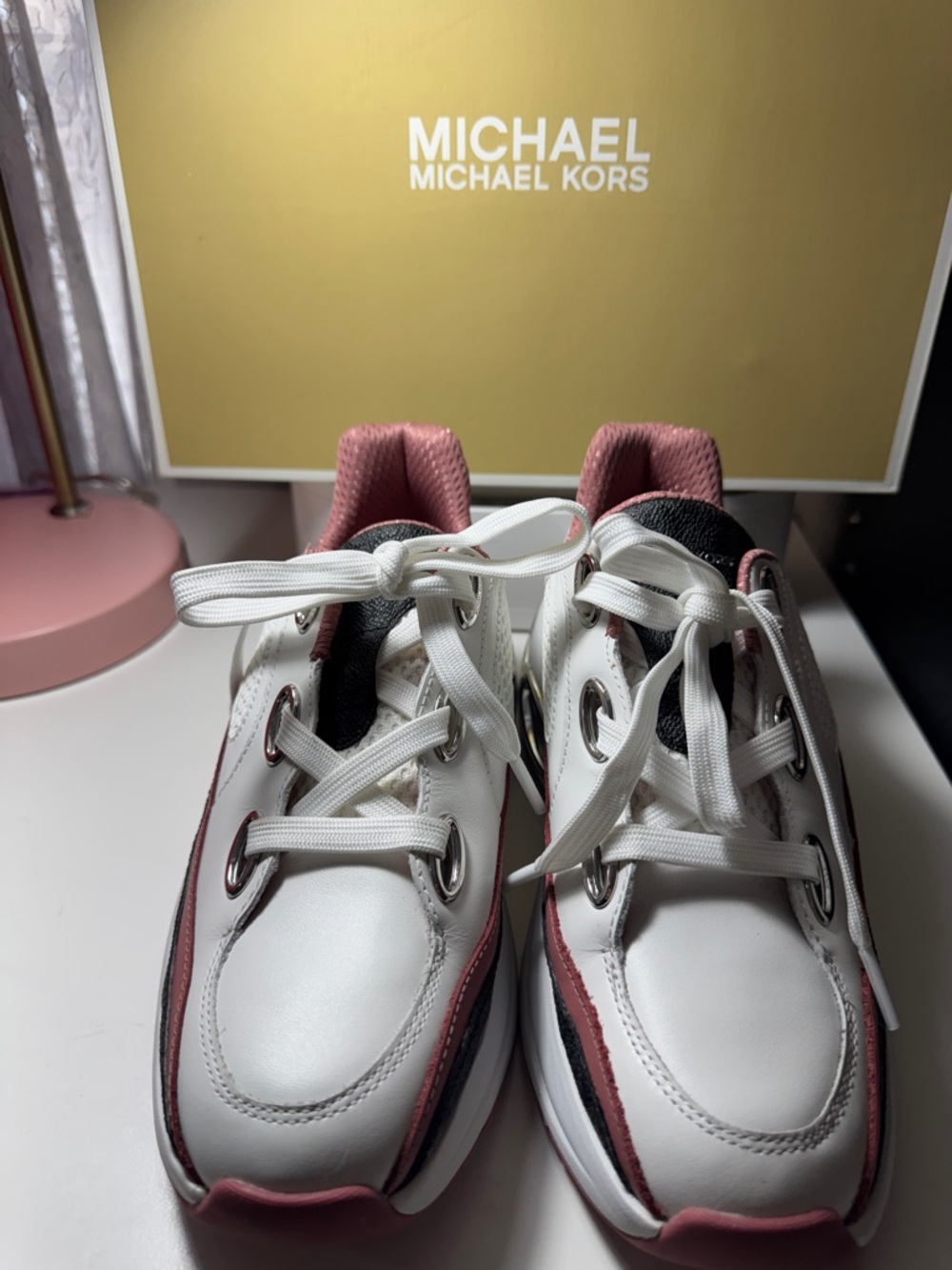 MICHAEL Michael Kors White & Dusty Rose Leather Lace-Up Sneakers